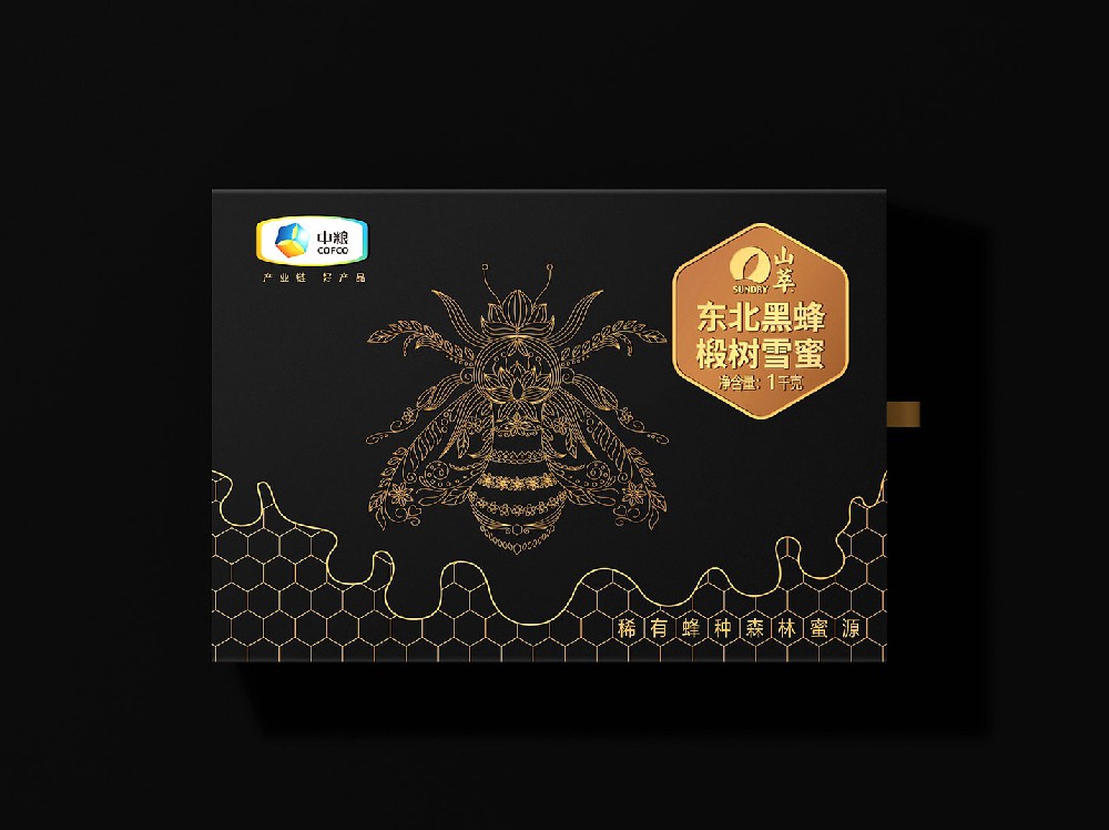 中粮集团黑蜂椴树雪蜜包装设计，山萃天然蜂蜜包装设计公司