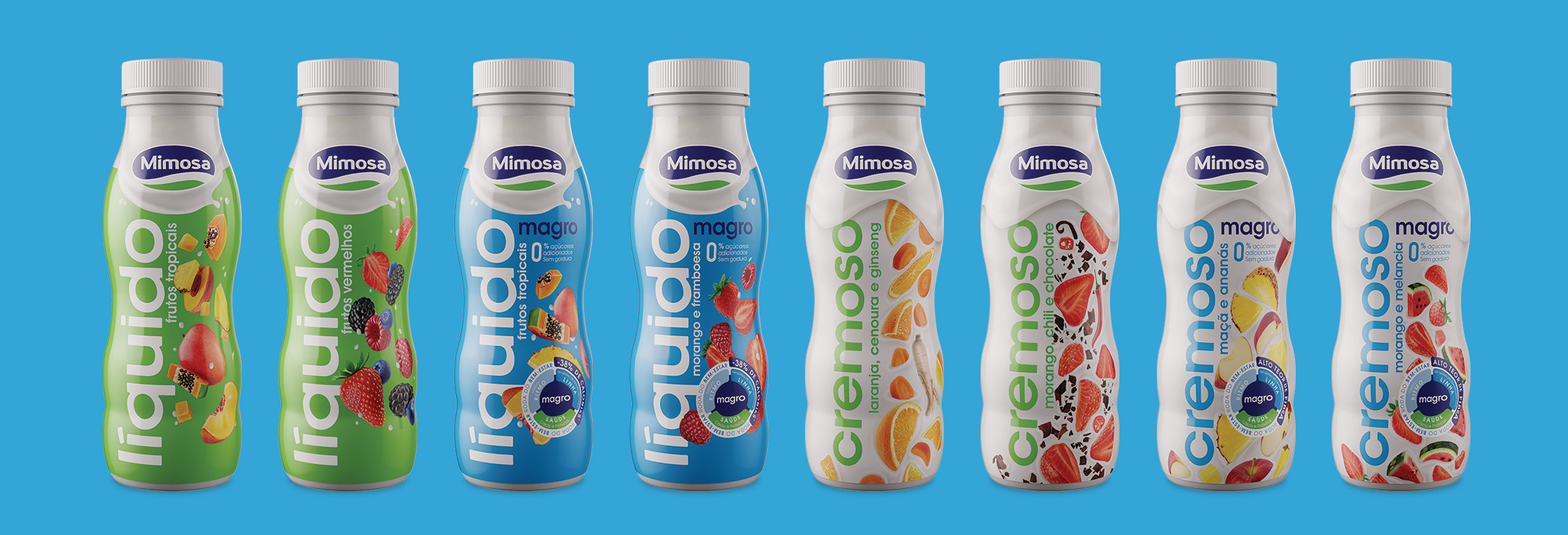 上海酸奶包装设计公司分享案例，Mimosa 是一个在乳制品行业拥有 50 多年经验的参考品牌，它的牛奶及酸奶产品包装设计在竞争激烈的酸奶行业感受到了一些挑战：其酸奶包装设计缺乏差异化和一致性，也没有传达出接近和信任的预期信息。因此，委托包装设计公司时它带着非常明确的目标与 VOLTA Studio 接洽：让其液态牛奶包装设计和奶油酸奶包装设计的形象更容易识别、更现代、线性更强。