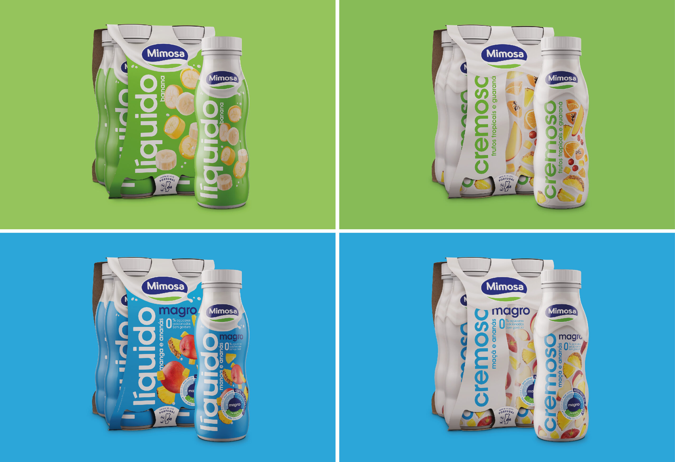 上海酸奶包装设计公司分享案例，Mimosa 是一个在乳制品行业拥有 50 多年经验的参考品牌，它的牛奶及酸奶产品包装设计在竞争激烈的酸奶行业感受到了一些挑战：其酸奶包装设计缺乏差异化和一致性，也没有传达出接近和信任的预期信息。因此，委托包装设计公司时它带着非常明确的目标与 VOLTA Studio 接洽：让其液态牛奶包装设计和奶油酸奶包装设计的形象更容易识别、更现代、线性更强。